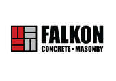 Falkon Concrete and Masonry logo: Red and gray block design beside black text.