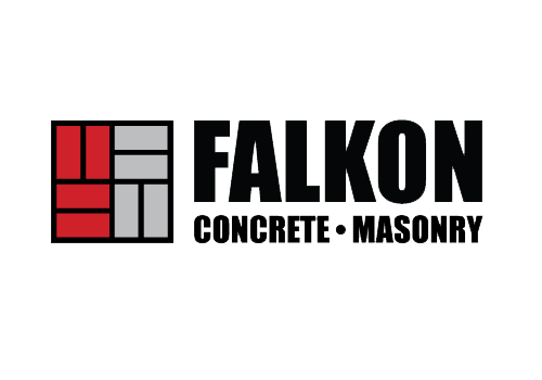 Falkon Concrete and Masonry logo: Red and gray block design beside black text.