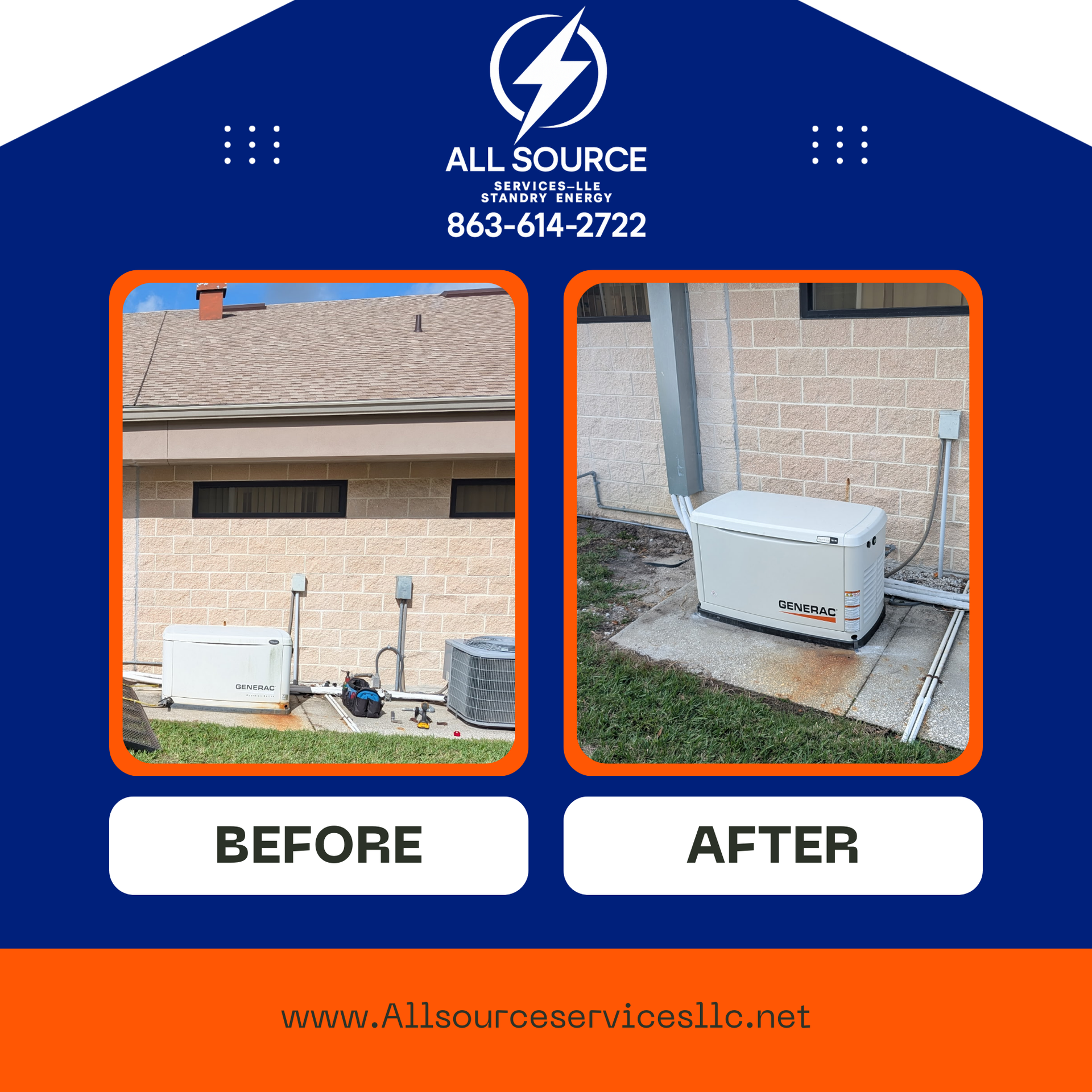 Generator in front of a tan house with a red-tiled roof, flanked by green bushes and a driveway.