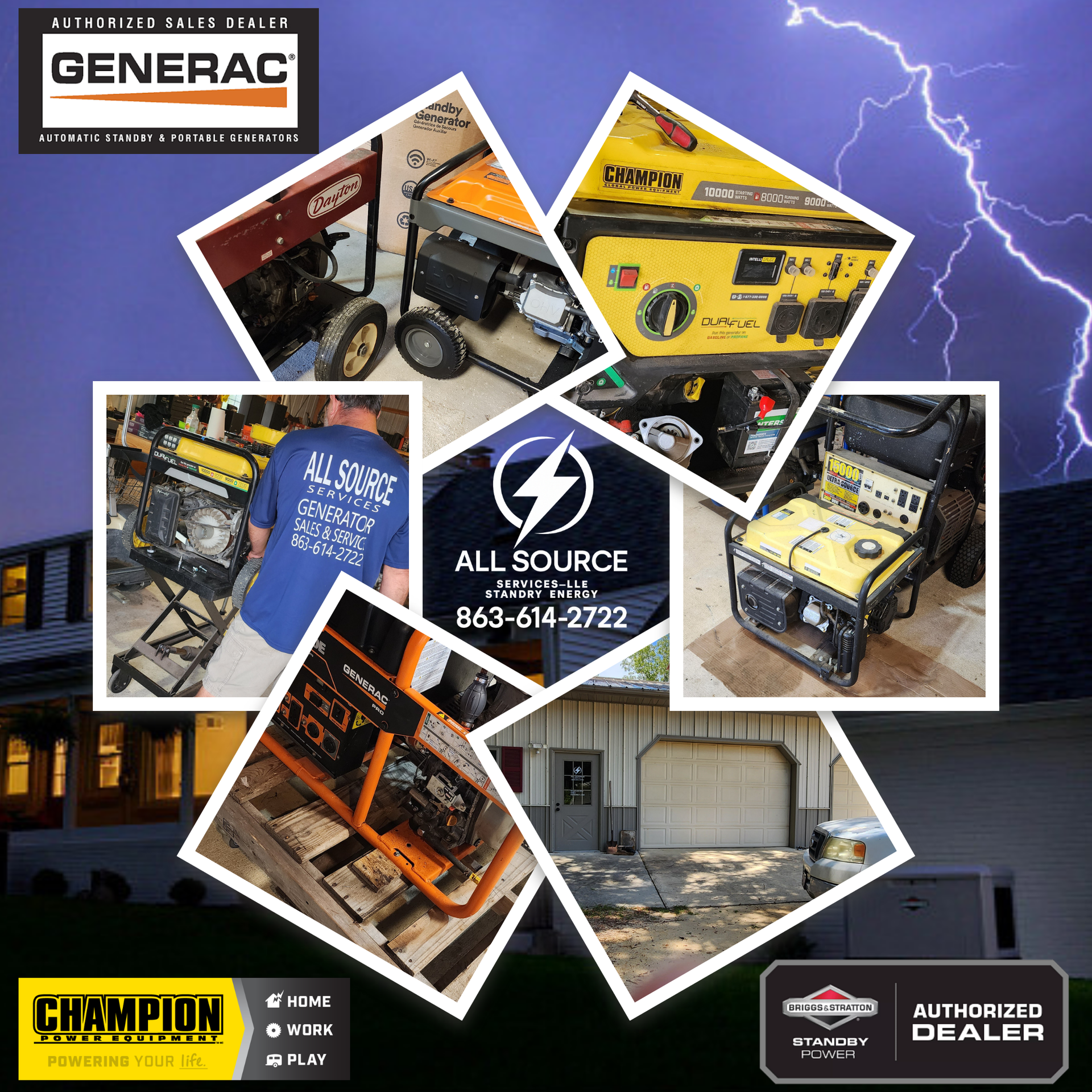 Man crouching next to a Generac generator against a yellow building with landscaping.