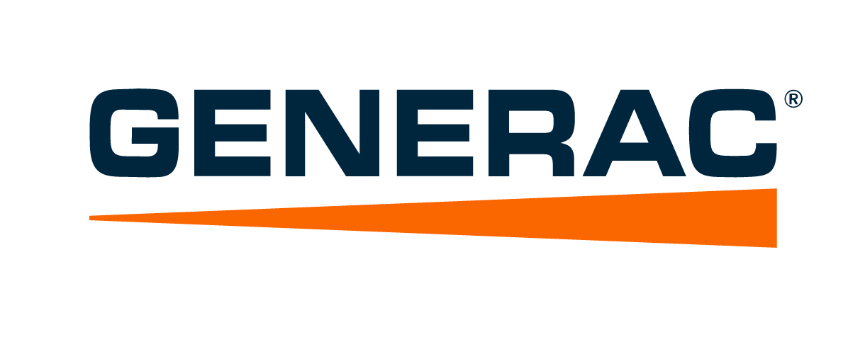 Generac logo: Blue text on a white background with an orange, tapering line beneath.