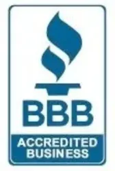 BBB Accredited Business logo in blue and white with flame icon above text