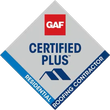 GAF Certified Plus Residential Roofing Contractor badge in gray, blue, and red
