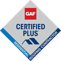 GAF Certified Plus Residential Roofing Contractor badge in gray, blue, and red