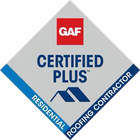 GAF Certified Plus Residential Roofing Contractor badge in gray, blue, and red