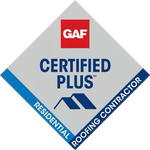 GAF Certified Plus Residential Roofing Contractor badge in gray, blue, and red