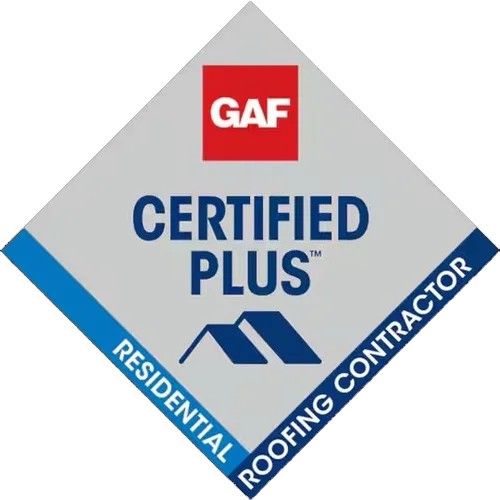 GAF Certified Plus Residential Roofing Contractor badge in gray, blue, and red