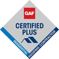 GAF Certified Plus Residential Roofing Contractor badge in gray, blue, and red