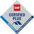 GAF Certified Plus Residential Roofing Contractor badge in gray, blue, and red