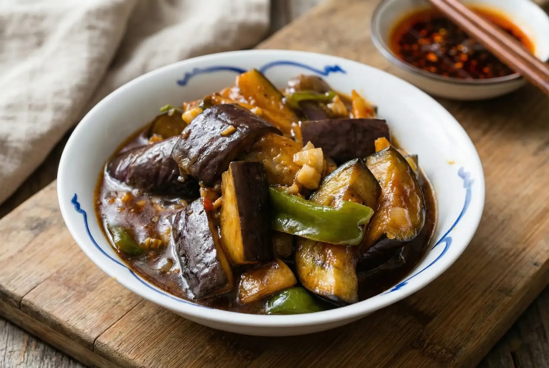 Bowl of stir-fried eggplant with green peppers in a dark sauce, chili oil, chopsticks.