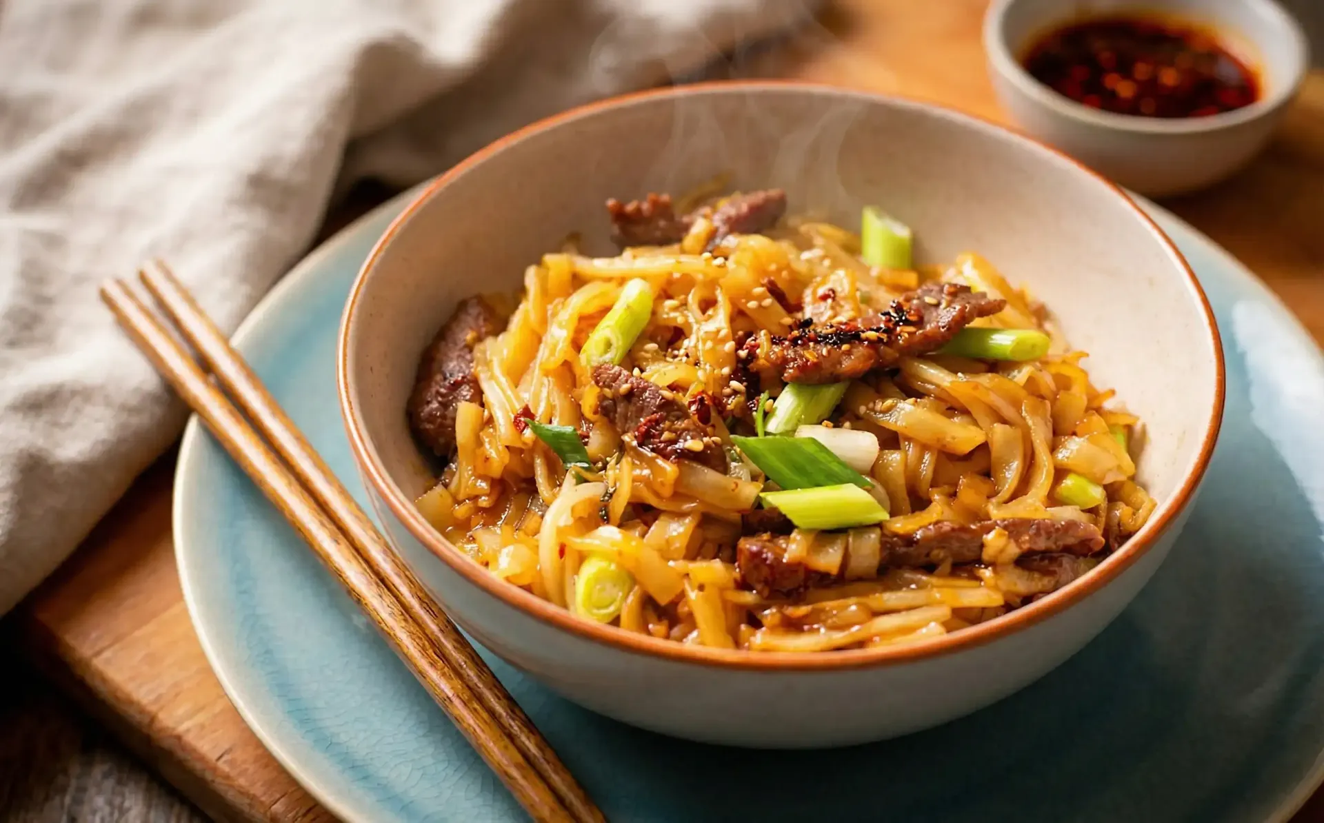 Bowl of beef noodles with chopsticks on a blue plate, garnished with green onions and sesame seeds.