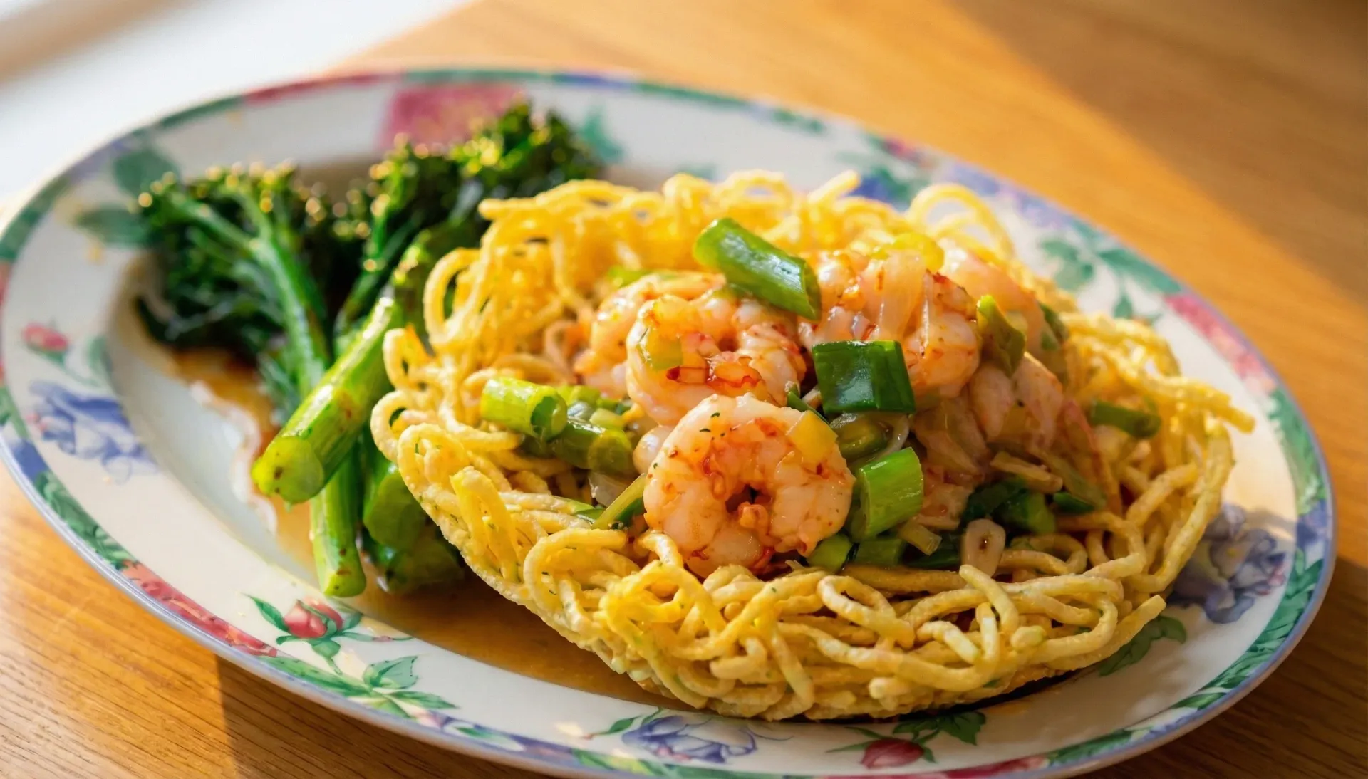 Wok cooking over high flames; a chef stirs noodles and ingredients in a black wok.