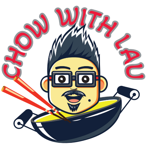 Cartoon face with chopsticks and wok; "Chow With Lau" logo.