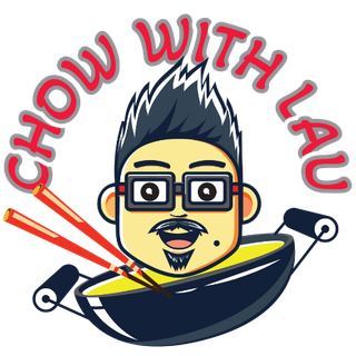 Cartoon of a man with chopsticks and a wok, “Chow with Lau” logo in red text.