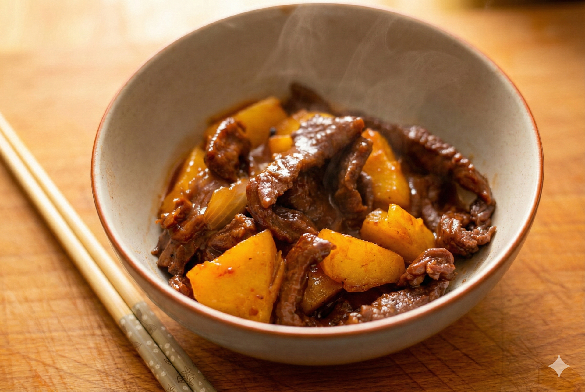 Beef and potato stew in a bowl with chopsticks on a wooden surface.