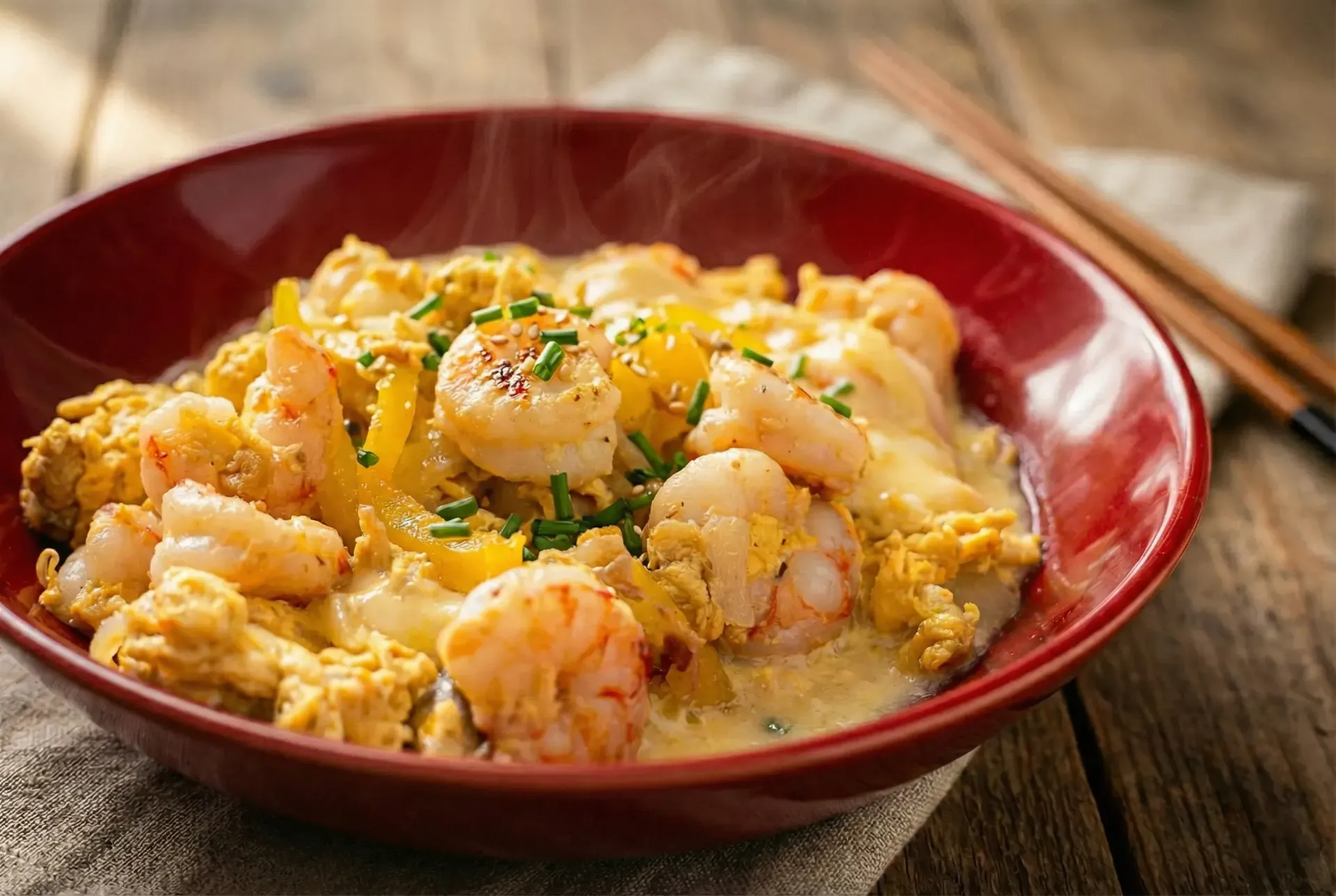 Shrimp with scrambled eggs and yellow peppers in a red bowl, chopsticks on the side.