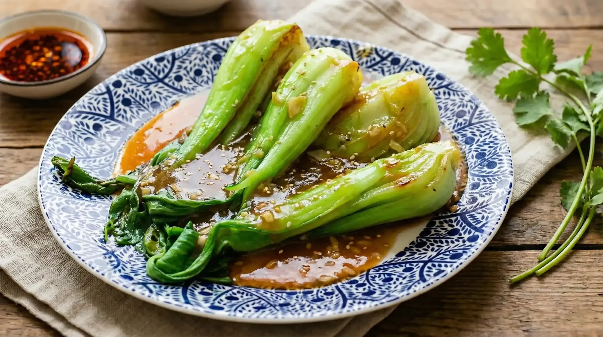 Steamed bok choy with sesame sauce on a blue patterned plate, garnished with sesame seeds and cilantro.