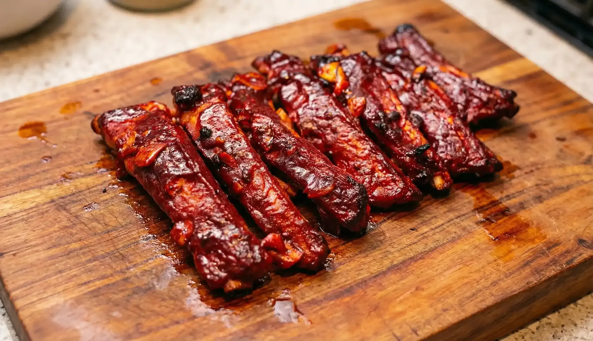 Cooked ribs with dark, glossy sauce on a wooden cutting board.