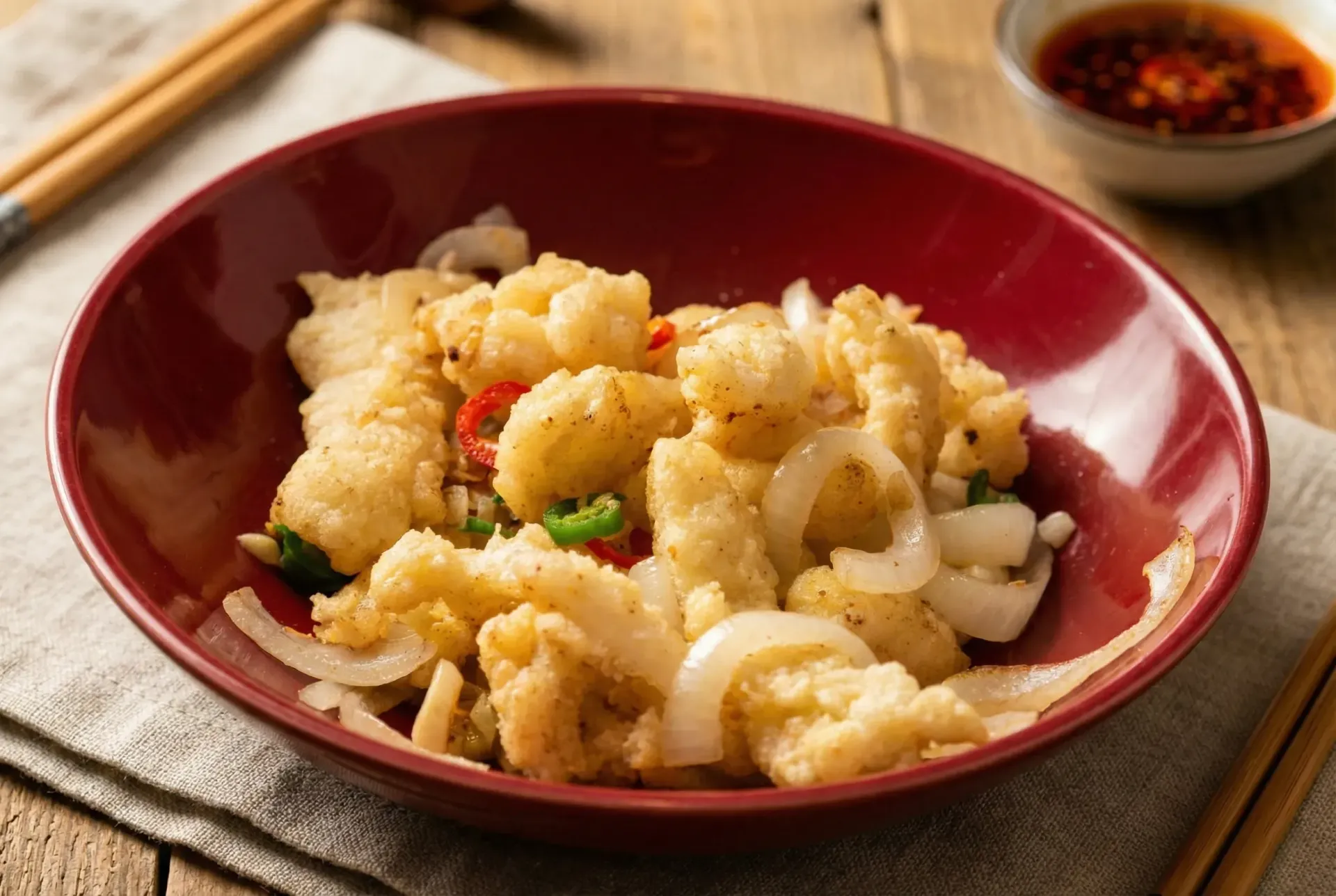 Fried calamari with onions and peppers in a red bowl, served with chopsticks and chili oil.