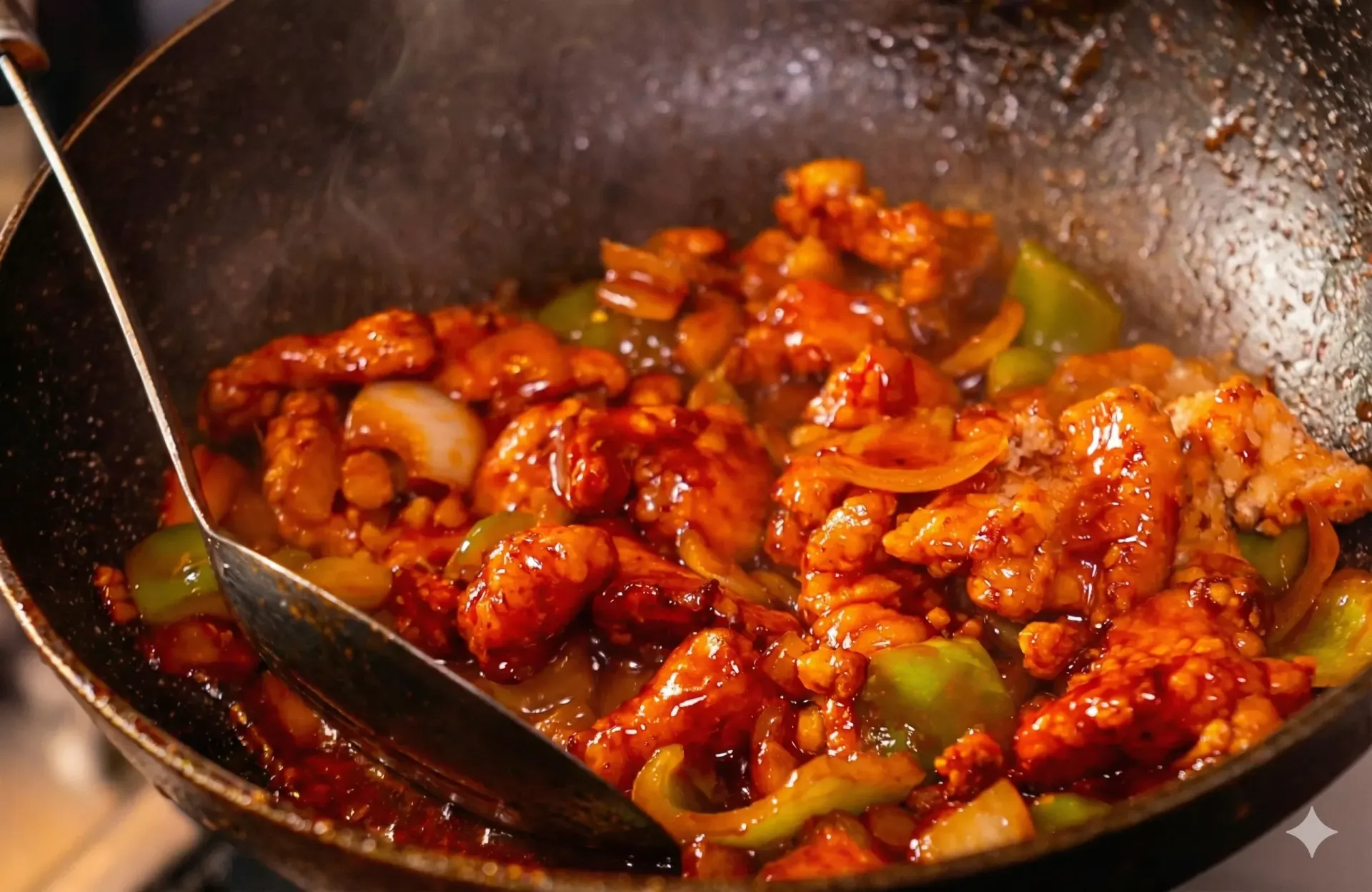 Chicken stir-fry in a wok, being stirred with a large spoon. The dish includes green peppers and onions.