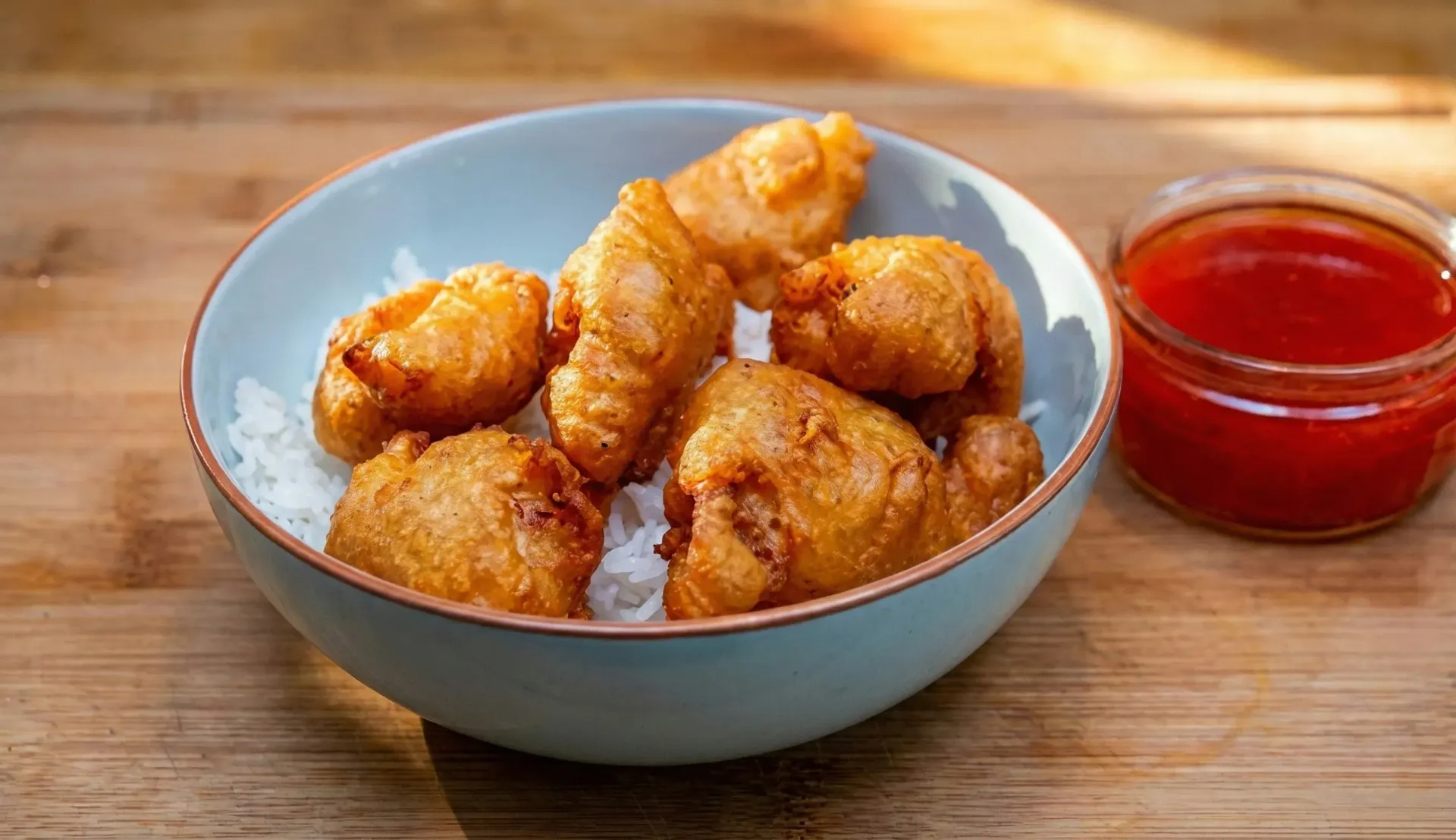 Sweet and sour chicken pieces in a blue bowl, served with red sauce.