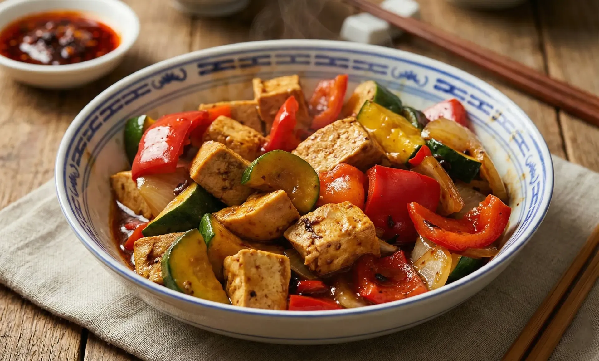 Hand sprinkling seasoning onto chopped vegetables in a stone bowl.