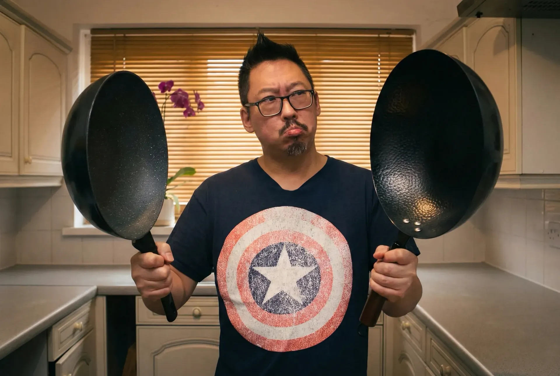 Steamed dumplings with a spoon of sauce in a bamboo steamer with chopsticks.