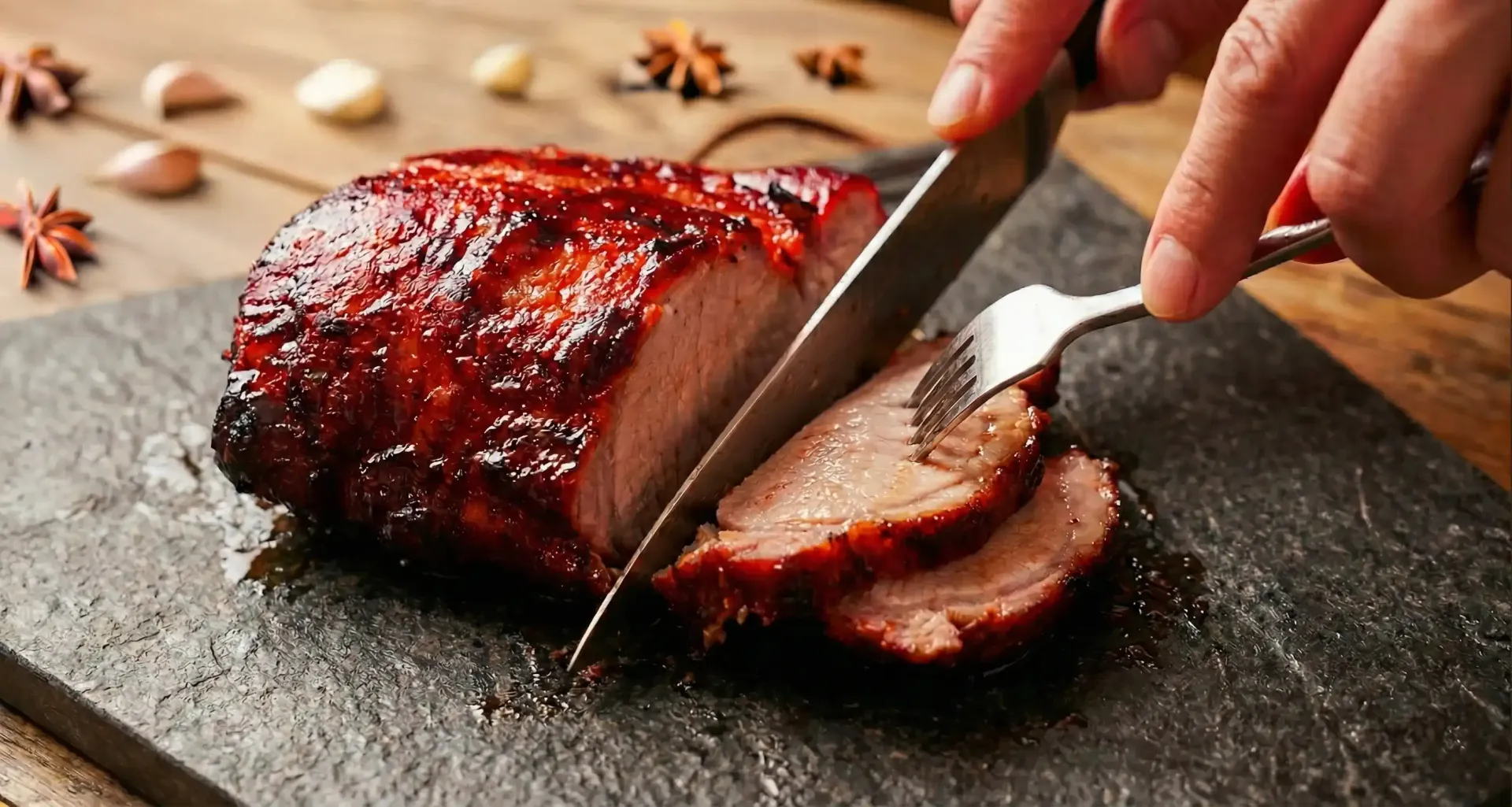 Person slicing roasted meat on a dark stone board with a fork. Wooden background with spices.