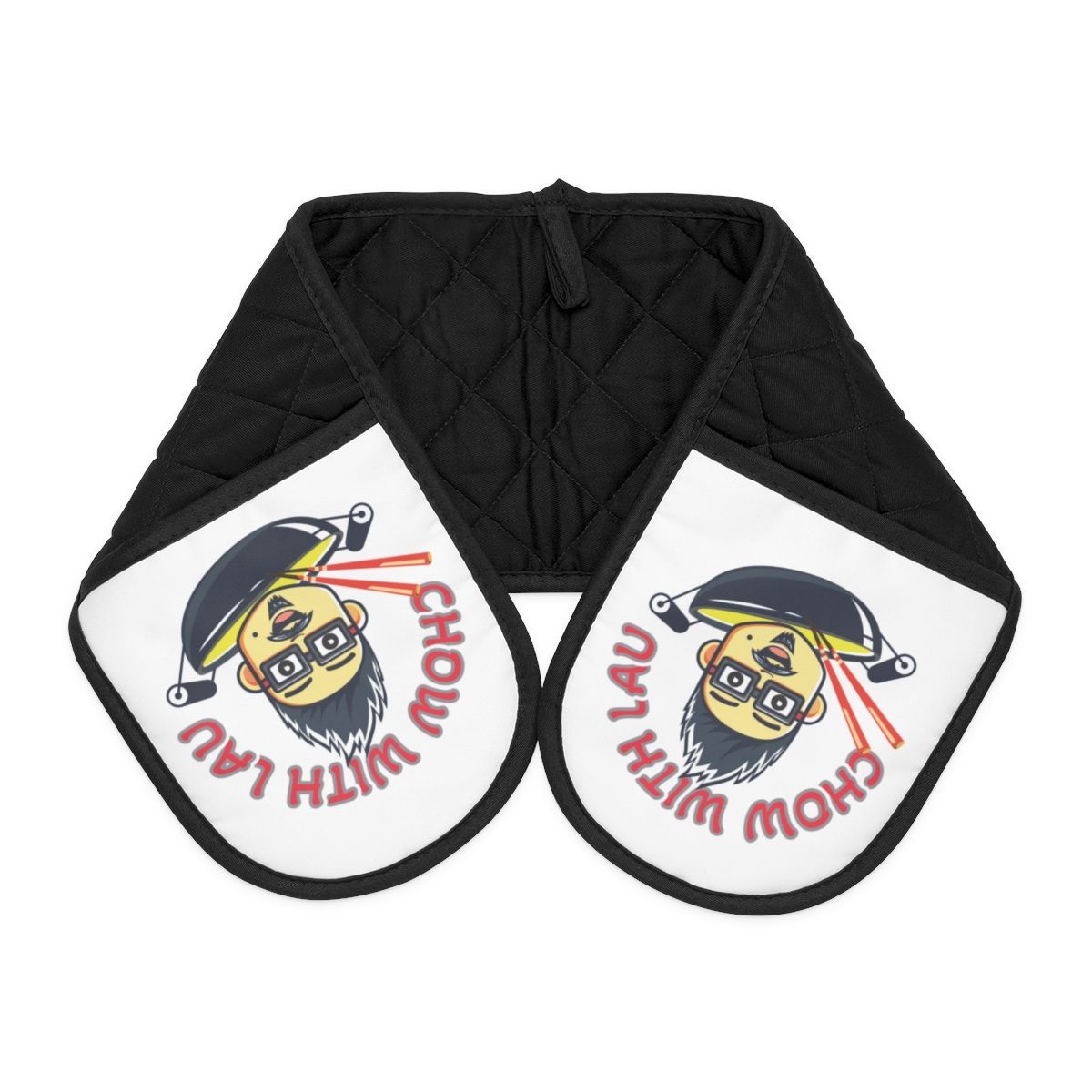 Black oven mitt with cartoon face and 