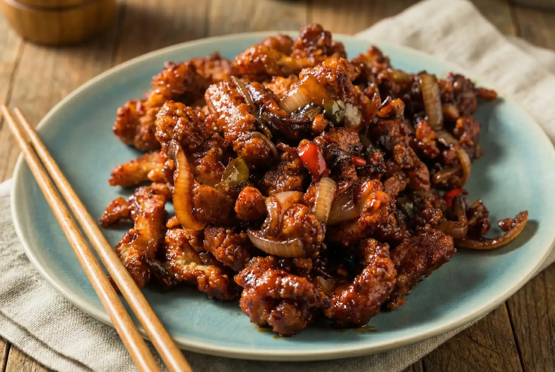 Plate of crispy beef with onion, pepper, and chopsticks on the side.