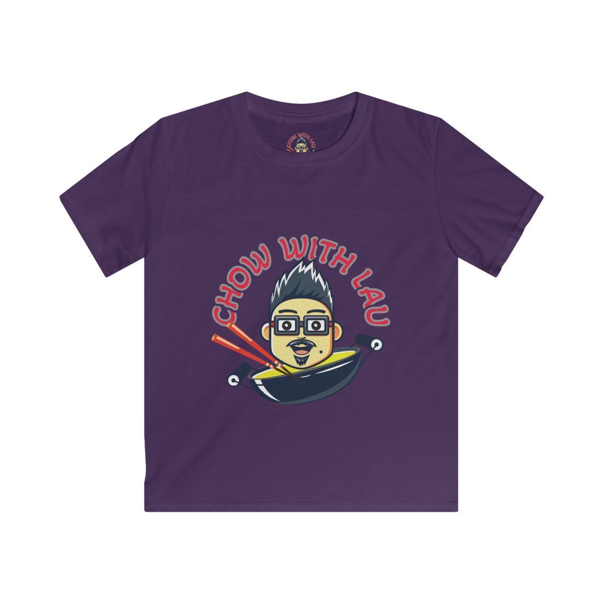 Purple t-shirt with a cartoon image of a person in a bowl of ramen, text 