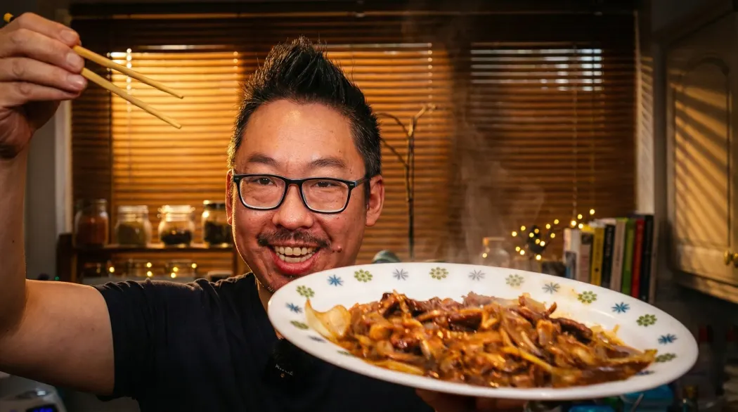 Man in blue shirt holding a bowl of food, smiling.