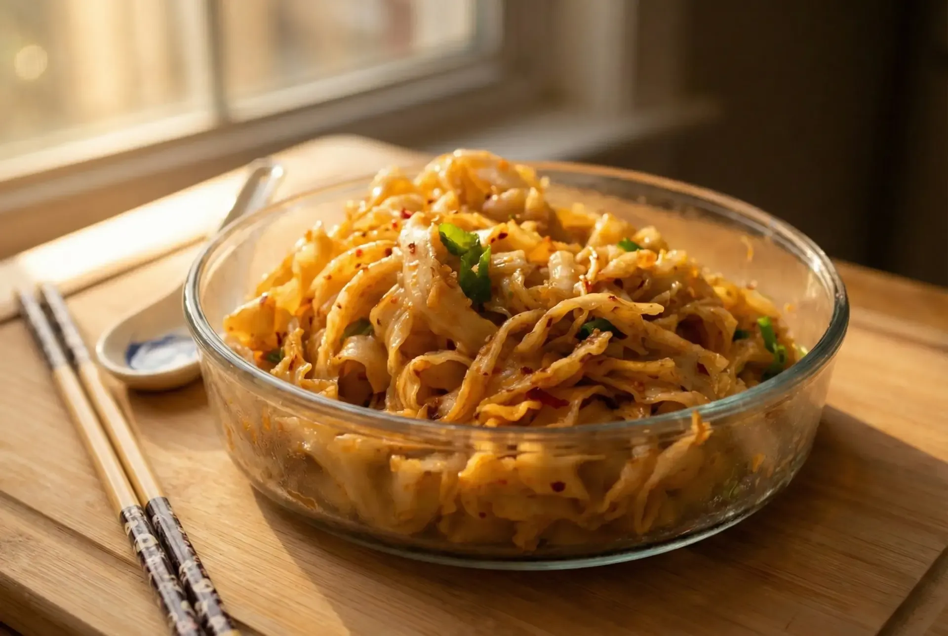 Noodles in a clear bowl, chopsticks, and a spoon sit on a wooden cutting board near a window.