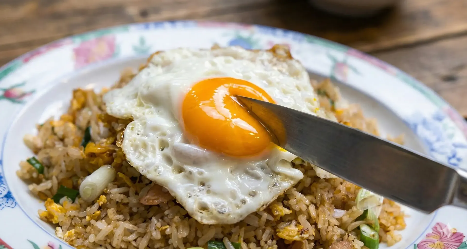 Fried rice topped with a fried egg; knife cutting into the yolk on a floral patterned plate.