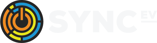 Un logo coloré avec un bouton d'alimentation au milieu.