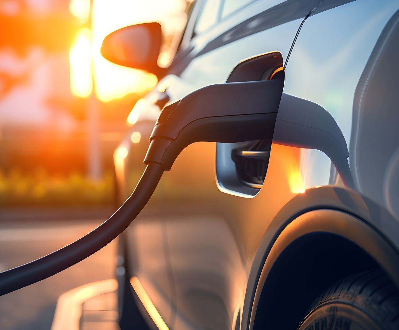 Véhicule électrique en charge ; câble de charge noir branché sur le côté d'une voiture argentée contre un coucher de soleil.