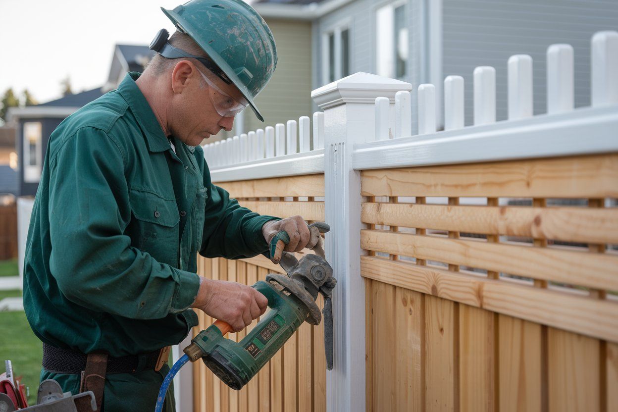 Worker in green safety gear using a power drill on a wooden fence outdoors.