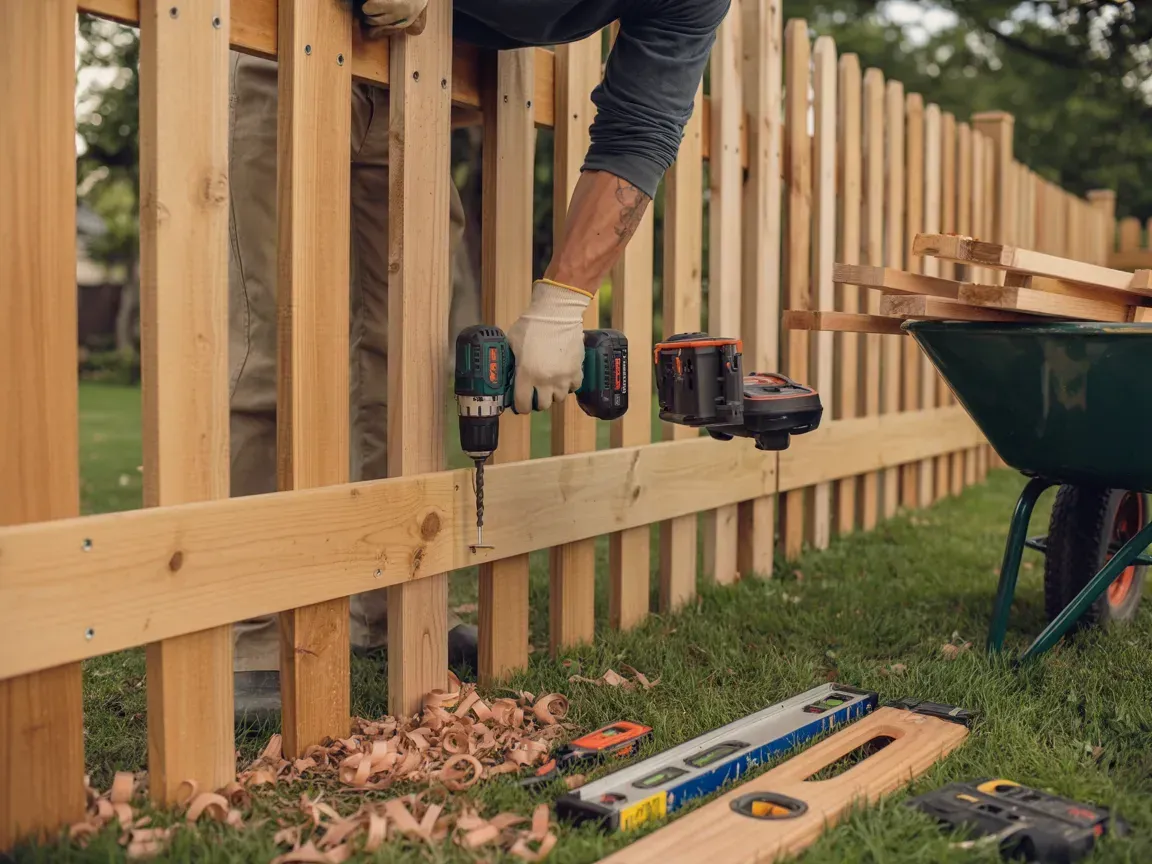 Person using a drill to build a wooden fence beside tools and a wheelbarrow in a yard