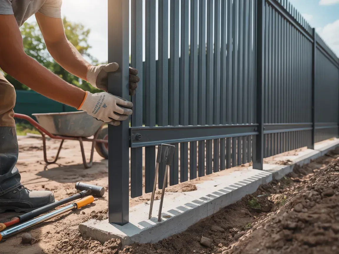 Black fence contrasting with a vibrant green tree in the background.