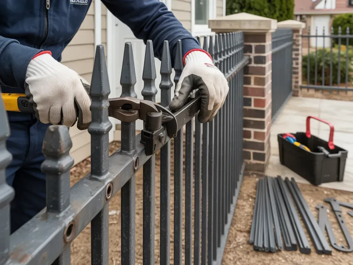 Gloved worker assembling a black metal fence with tools beside stacked rails outside a house