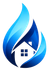 Blue flame-shaped logo with a white house and windows inside