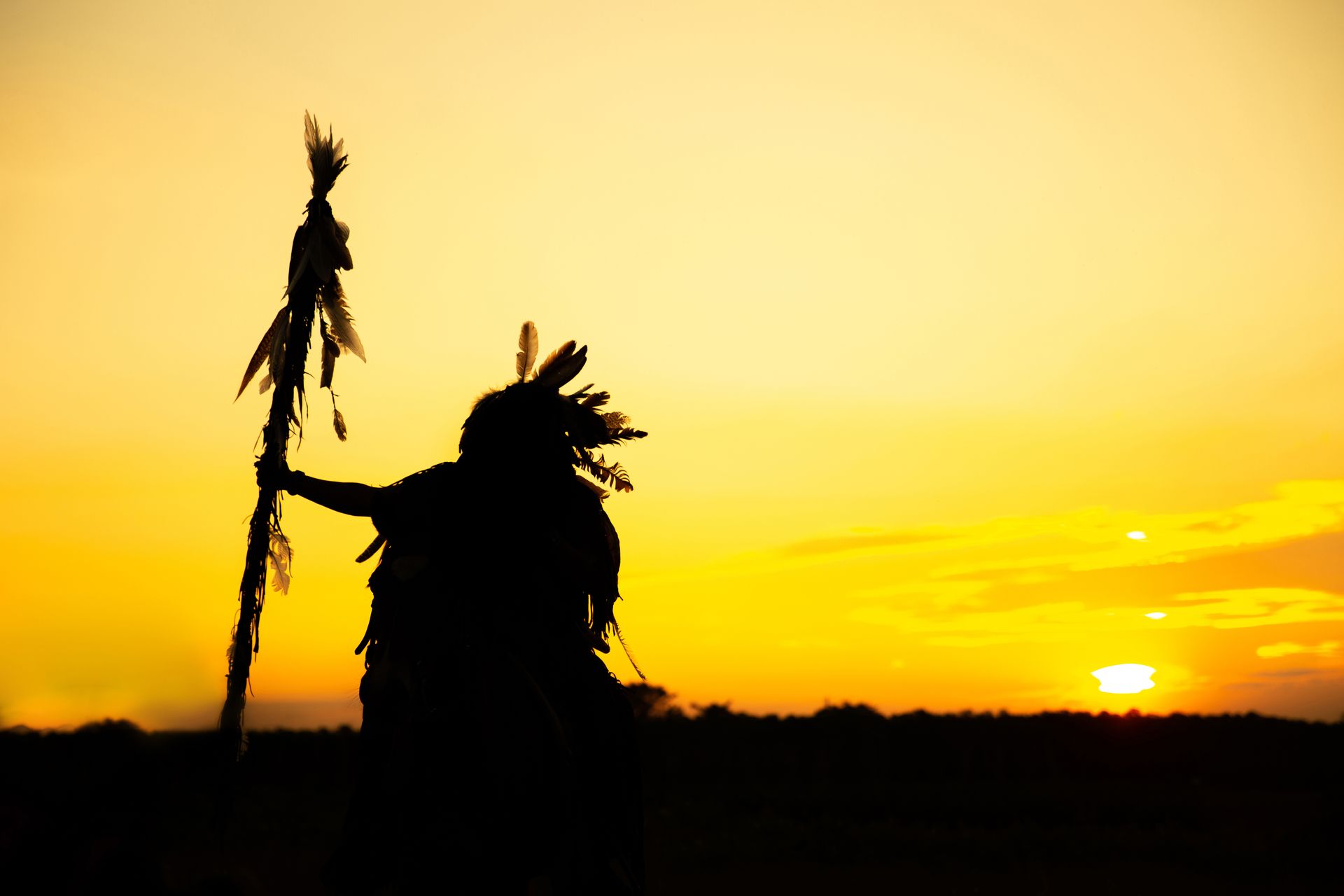 Silhouette of a Native American figure with feathered headdress, holding a staff at sunset.