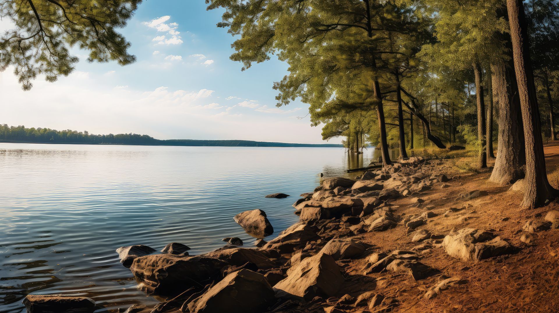 A large body of water surrounded by trees and rocks.