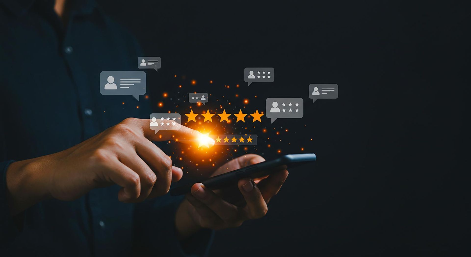 Person using a smartphone, glowing stars and user profile icons, indicating customer reviews and ratings.