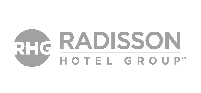 The radisson hotel group logo is gray and white.