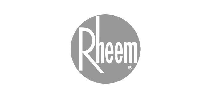 The logo for rheem is in a circle on a white background.