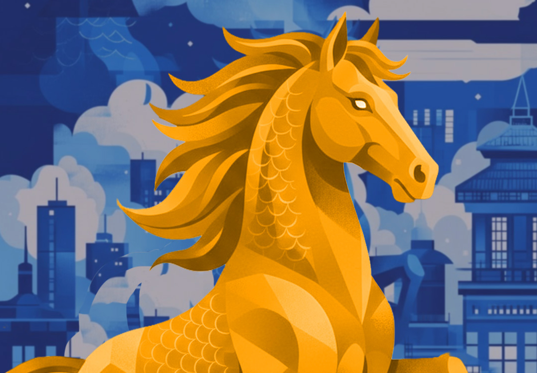 horse illustration over a city backdrop, 