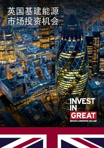 An aerial view of a city at night with a british flag in the foreground.