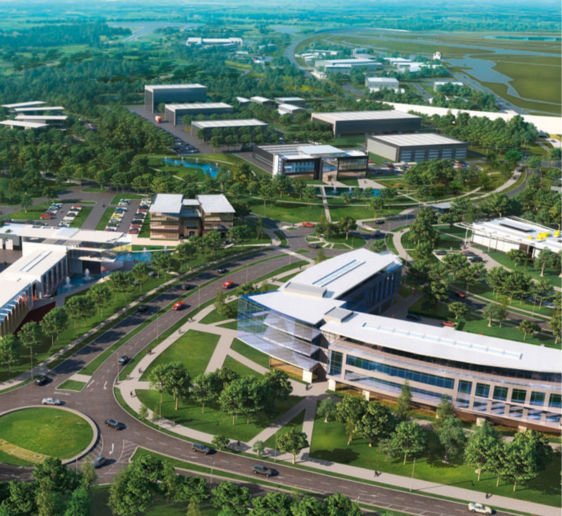 An aerial view of a city with lots of buildings and trees