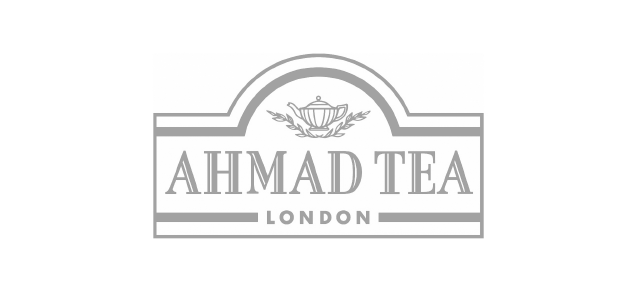 The logo for ahmad tea london is gray and has a teapot on it.